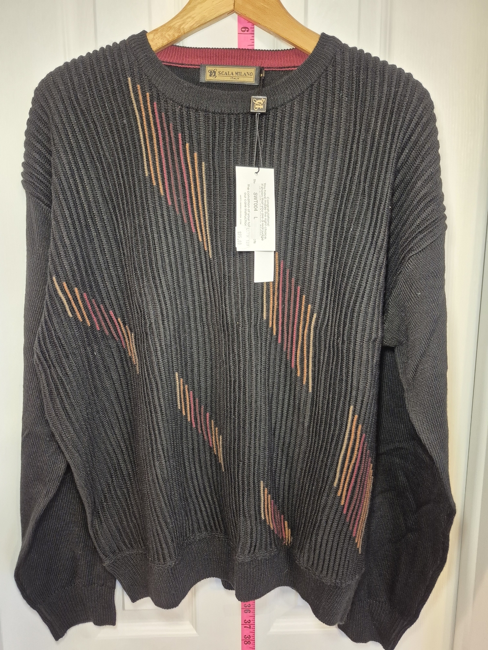 Vtg NOS NWT Scala Milano Italy Men's Black Ribbed Sweater w Stripes Wool Mix Lg
